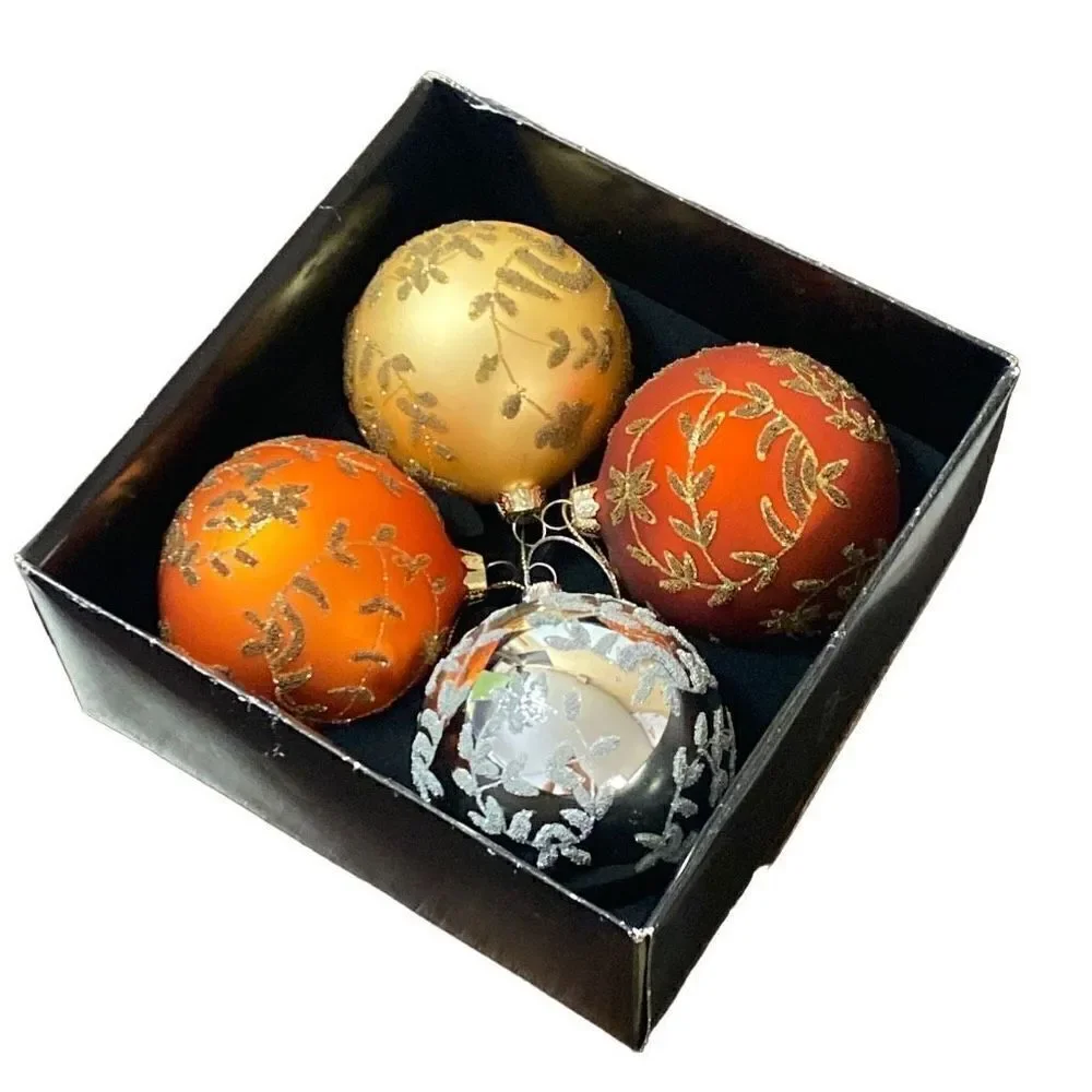 Set of 4 Glitter and Bead Glass Ball Christmas Ornaments